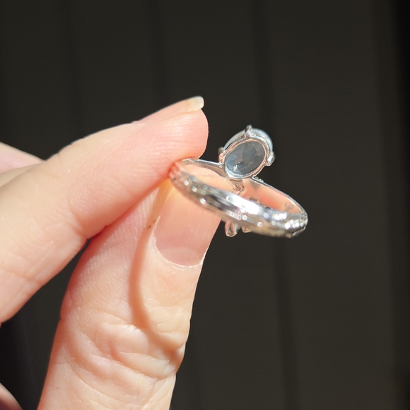 Aquamarine 4k Topaz & Amethyst floral setting sterling & white gold ring sz8 - Picture 7 of 8